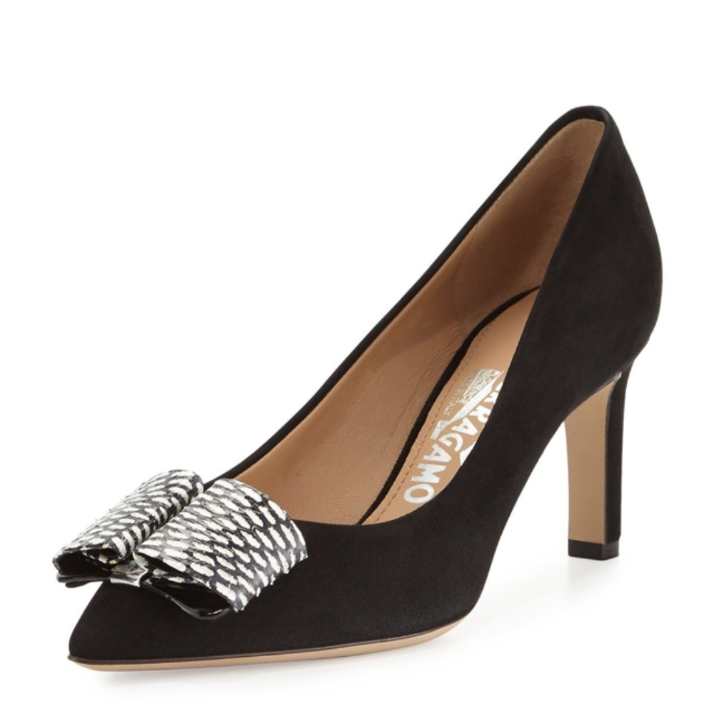 Ferragamo "Mimi" Pumps, Black Suede, Snakeskin Bow - Picture 3 of 7